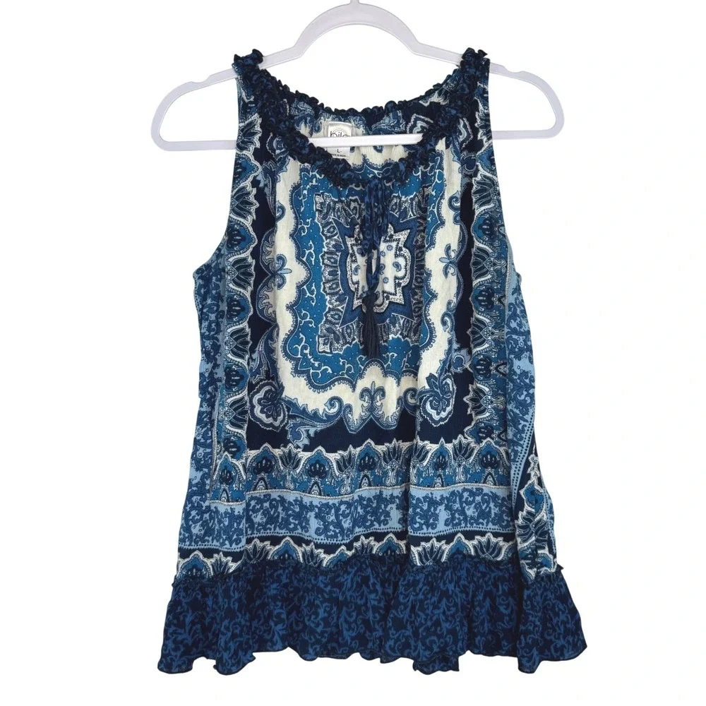 Bila Womens Blue Medallion Paisley Sleeveless Boho Ruffle Tassel Top Large - Picture 1 of 8
